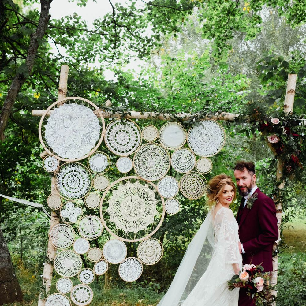 DIY Dream Catcher Decor | Bride in Rue de Seine Cleo Wedding Dress | Groom in Burgundy Suit | Outdoor Wedding at Dewsall Court Oxfordshire | Claudia Rose Carter Photography | Costa Sister Productions
