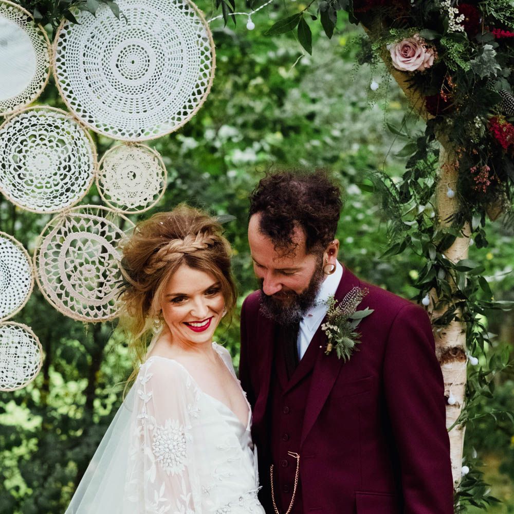 DIY Dream Catcher Decor | Bride in Rue de Seine Cleo Wedding Dress | Groom in Burgundy Suit | Outdoor Wedding at Dewsall Court Oxfordshire | Claudia Rose Carter Photography | Costa Sister Productions