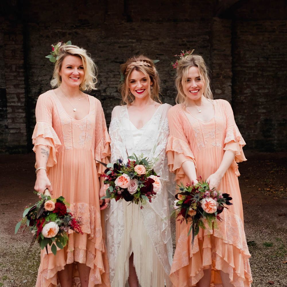 Bridal Party | Bride in Rue de Seine Cleo Wedding Dress | Bridesmaids in Peach Free People Dresses | Outdoor Wedding at Dewsall Court Oxfordshire | Claudia Rose Carter Photography | Costa Sister Productions