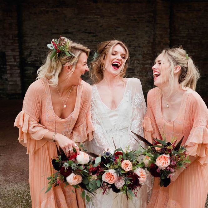 Bridal Party | Bride in Rue de Seine Cleo Wedding Dress | Bridesmaids in Peach Free People Dresses | Outdoor Wedding at Dewsall Court Oxfordshire | Claudia Rose Carter Photography | Costa Sister Productions