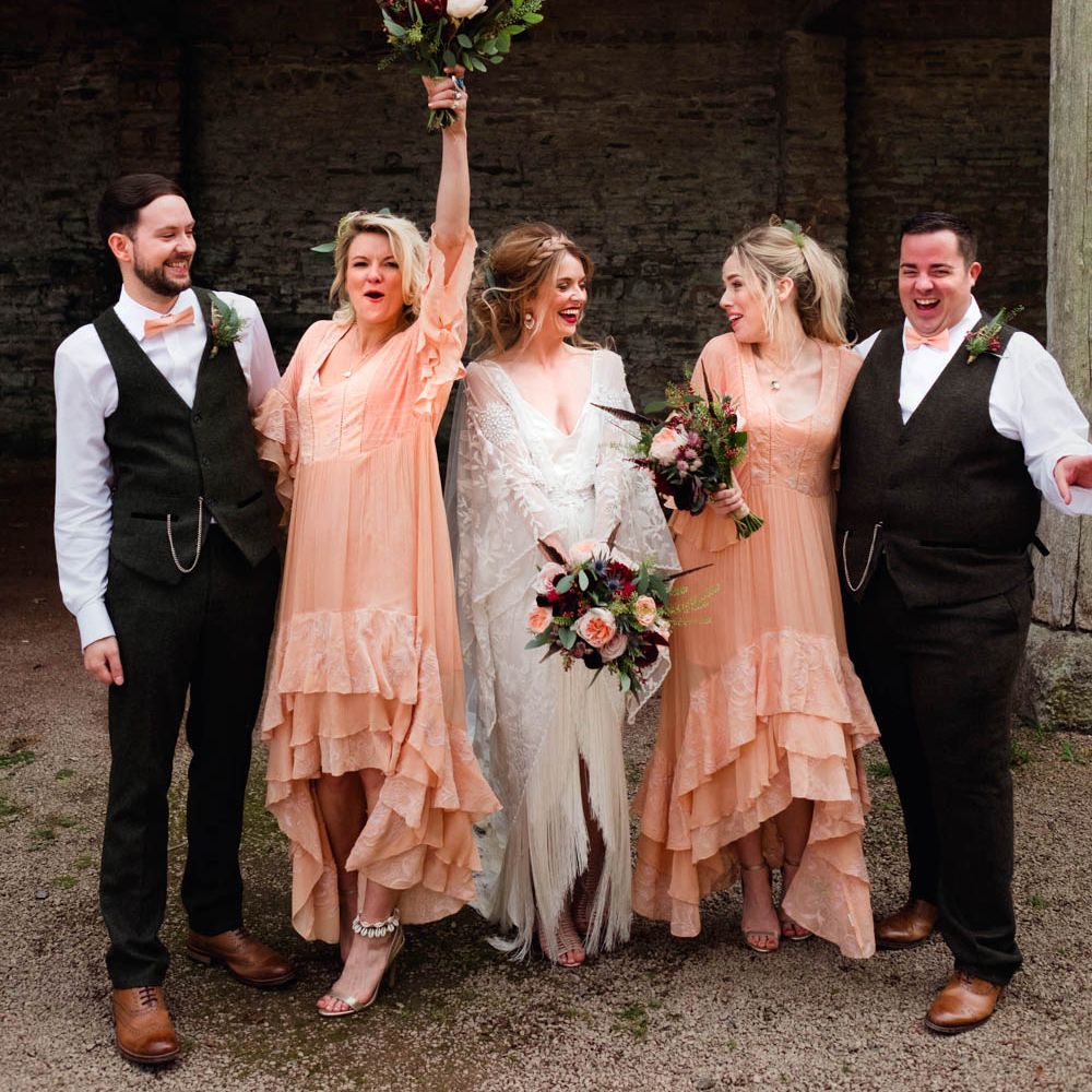 Bridal Party | Bride in Rue de Seine Cleo Wedding Dress | Bridesmaids in Peach Free People Dresses | Outdoor Wedding at Dewsall Court Oxfordshire | Claudia Rose Carter Photography | Costa Sister Productions