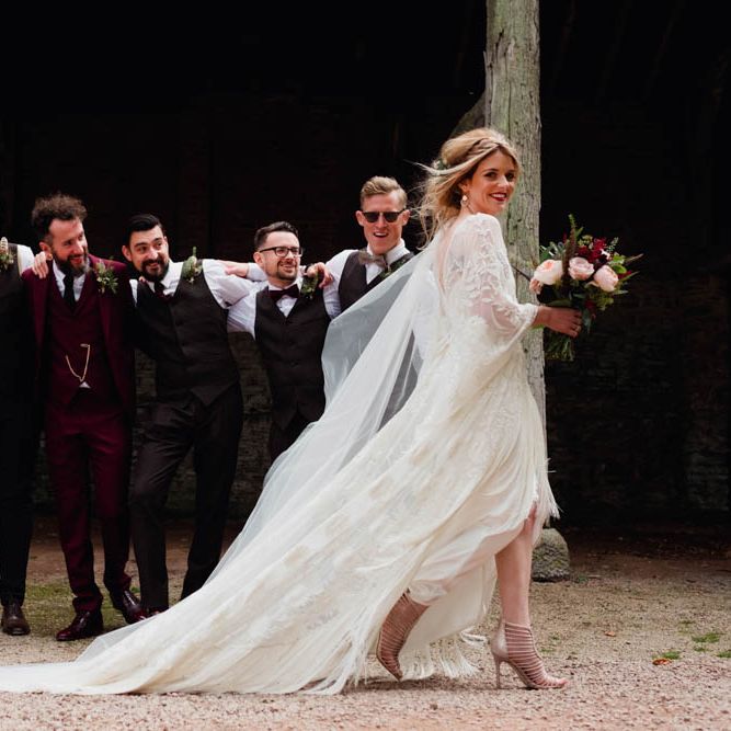 Groomsmen & Bride in Rue de Seine Cleo Wedding Dress | Outdoor Wedding at Dewsall Court Oxfordshire | Claudia Rose Carter Photography | Costa Sister Productions