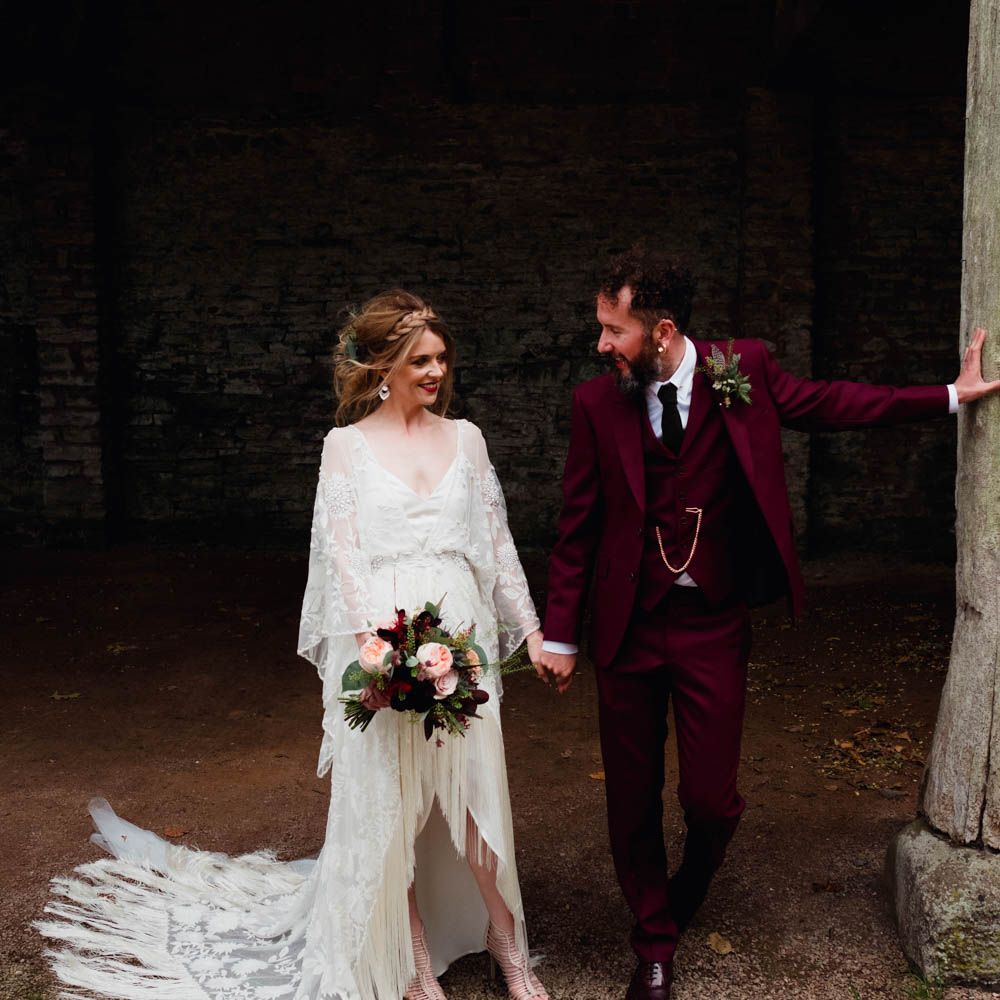 Bride in Rue de Seine Cleo Wedding Dress | Groom in Burgundy Suit | Outdoor Wedding at Dewsall Court Oxfordshire | Claudia Rose Carter Photography | Costa Sister Productions