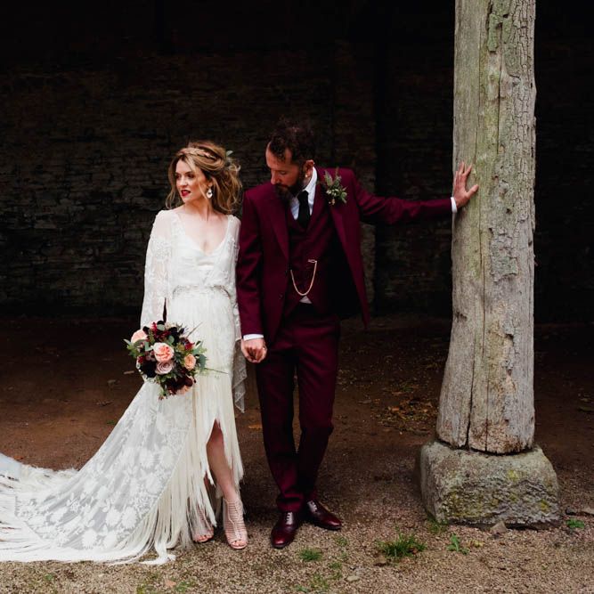 Bride in Rue de Seine Cleo Wedding Dress | Groom in Burgundy Suit | Outdoor Wedding at Dewsall Court Oxfordshire | Claudia Rose Carter Photography | Costa Sister Productions
