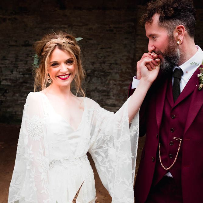 Bride in Rue de Seine Cleo Wedding Dress | Groom in Burgundy Suit | Outdoor Wedding at Dewsall Court Oxfordshire | Claudia Rose Carter Photography | Costa Sister Productions
