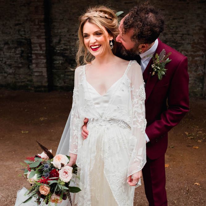 Bride in Rue de Seine Cleo Wedding Dress | Groom in Burgundy Suit | Outdoor Wedding at Dewsall Court Oxfordshire | Claudia Rose Carter Photography | Costa Sister Productions