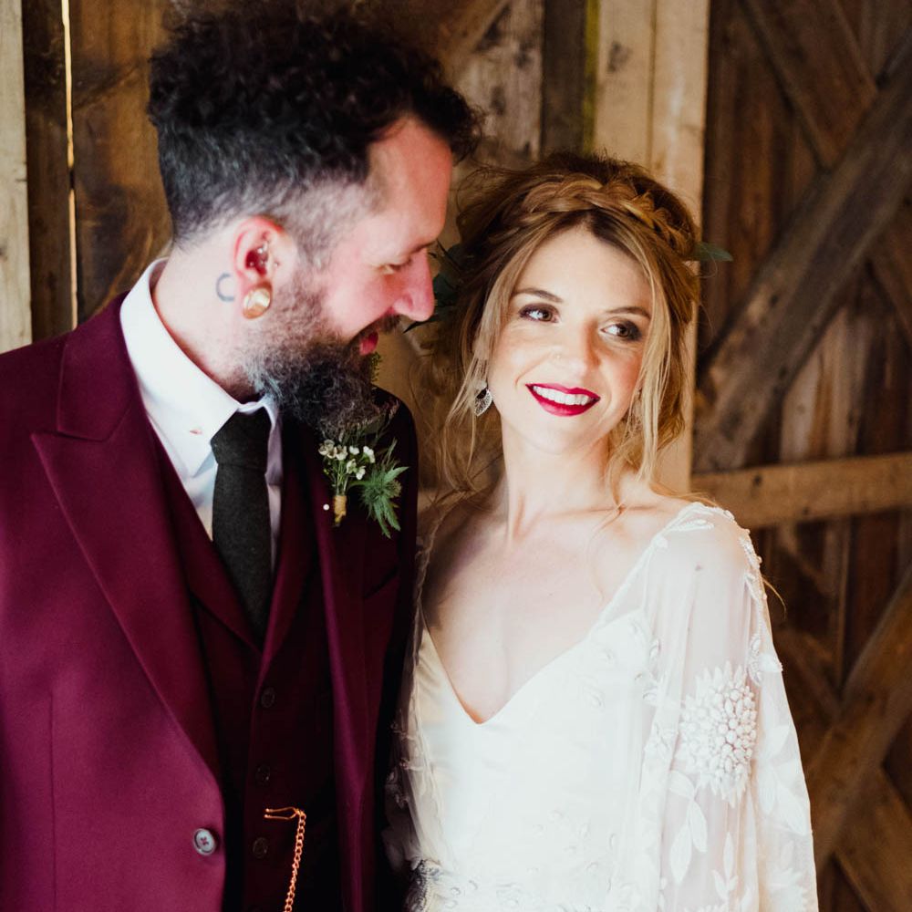 Bride in Rue de Seine Cleo Wedding Dress | Groom in Burgundy Suit | Outdoor Wedding at Dewsall Court Oxfordshire | Claudia Rose Carter Photography | Costa Sister Productions