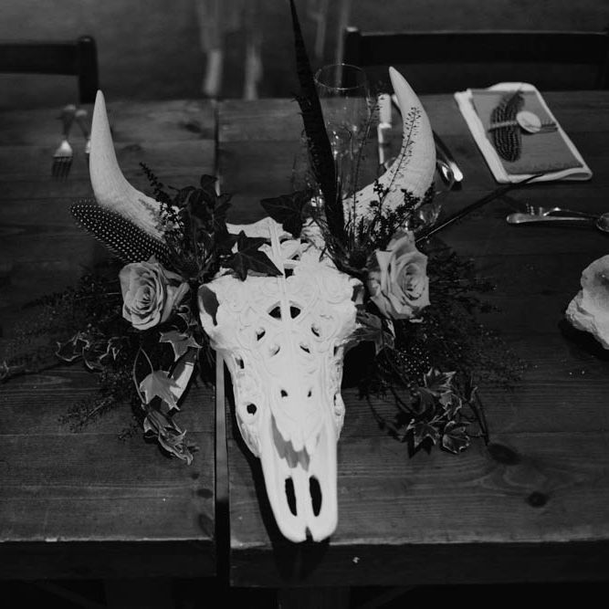 Skull Alternative Wedding Decor | Outdoor Wedding at Dewsall Court Oxfordshire | Claudia Rose Carter Photography | Costa Sister Productions