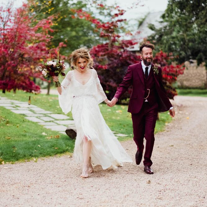 Bride in Rue de Seine Cleo Wedding Dress | Groom in Burgundy Suit | Outdoor Wedding at Dewsall Court Oxfordshire | Claudia Rose Carter Photography | Costa Sister Productions