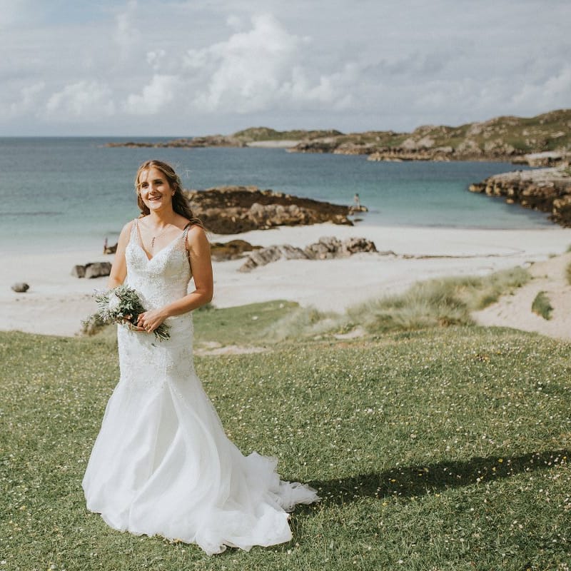 Bride in Essense of Australia Gown on Isle Lewis Outer Hebrides Wedding