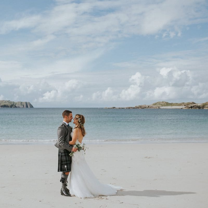Bride in Essense of Australia Gown on Isle Lewis Outer Hebrides Wedding