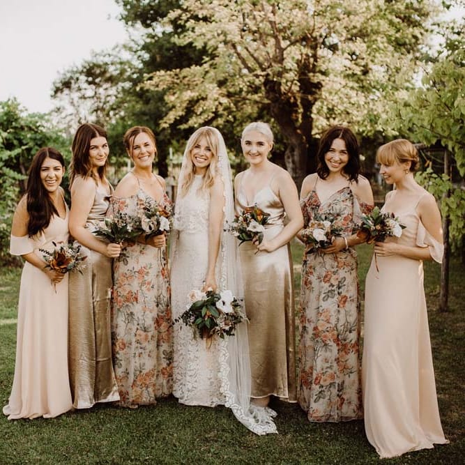 Wedding Party In Neutral Tones With Cold Shoulder Dresses