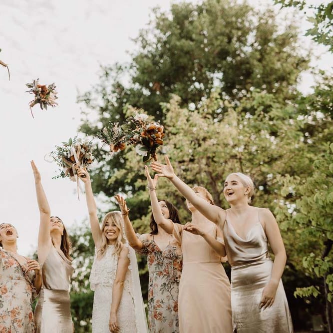Wedding Party In Neutral Tones With Cold Shoulder Dresses