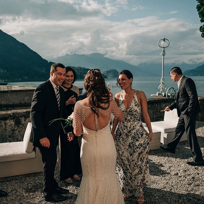 Bride in Lace Fishtail Gown & Beaded Stole | Bellagio Lake Como Wedding Venue | Jason Mark Harris Photography | Harris Films