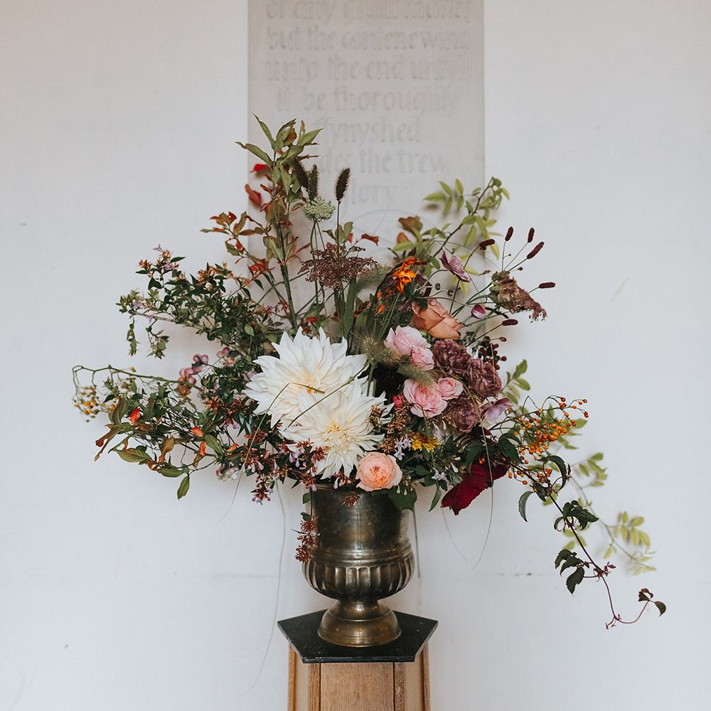 Stylish London Restaurant Wedding With Wild & Oversized Floral Arrangements By Aesme With Bride In Riki Dalal & Groom In Burgundy Suit By Paul Smith Planned & Styled By Knot & Pop With Images From Miss Gen