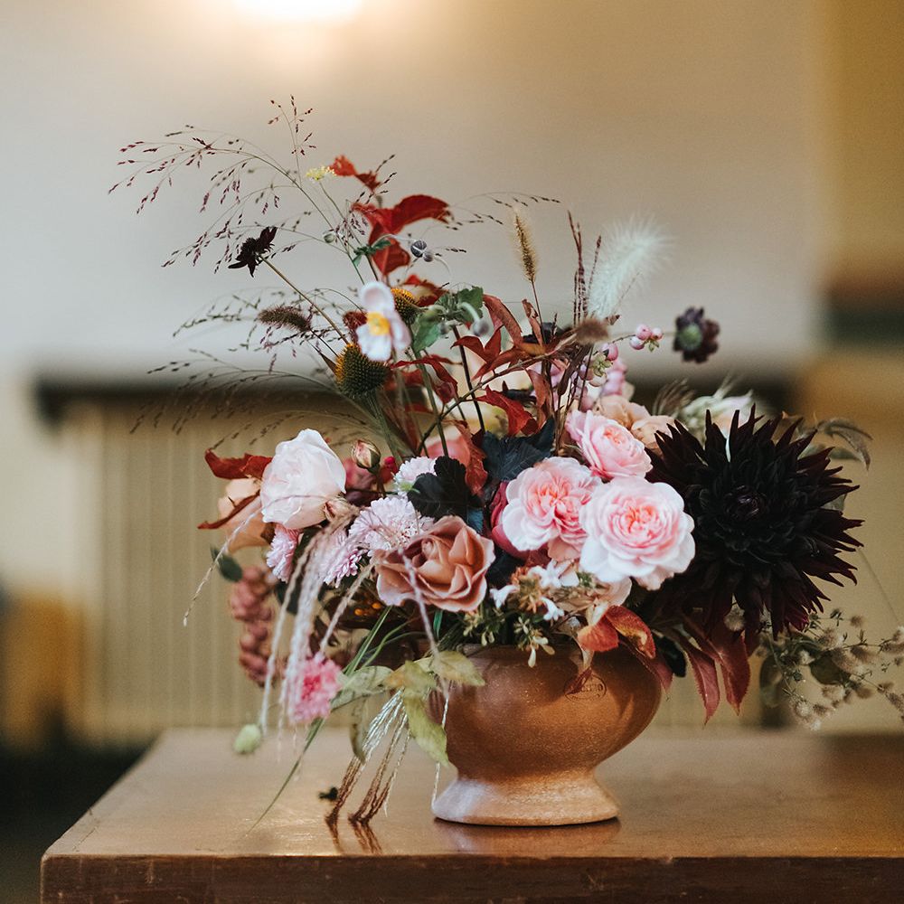 Stylish London Restaurant Wedding With Wild & Oversized Floral Arrangements By Aesme With Bride In Riki Dalal & Groom In Burgundy Suit By Paul Smith Planned & Styled By Knot & Pop With Images From Miss Gen