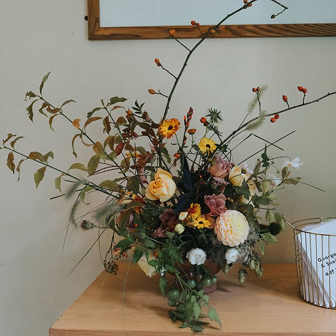 Stylish London Restaurant Wedding With Wild & Oversized Floral Arrangements By Aesme With Bride In Riki Dalal & Groom In Burgundy Suit By Paul Smith Planned & Styled By Knot & Pop With Images From Miss Gen