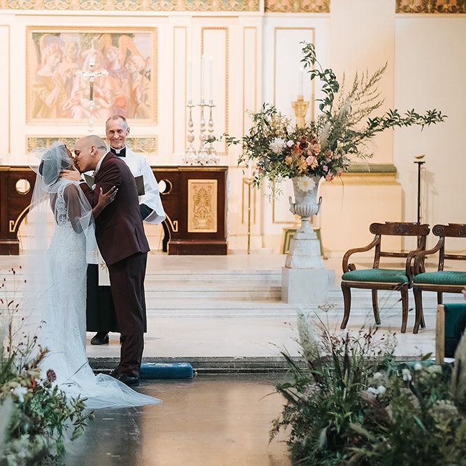 Stylish London Restaurant Wedding With Wild & Oversized Floral Arrangements By Aesme With Bride In Riki Dalal & Groom In Burgundy Suit By Paul Smith Planned & Styled By Knot & Pop With Images From Miss Gen