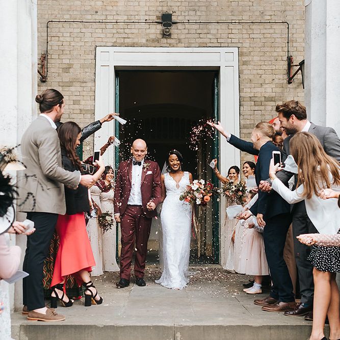 Stylish London Restaurant Wedding With Wild & Oversized Floral Arrangements By Aesme With Bride In Riki Dalal & Groom In Burgundy Suit By Paul Smith Planned & Styled By Knot & Pop With Images From Miss Gen