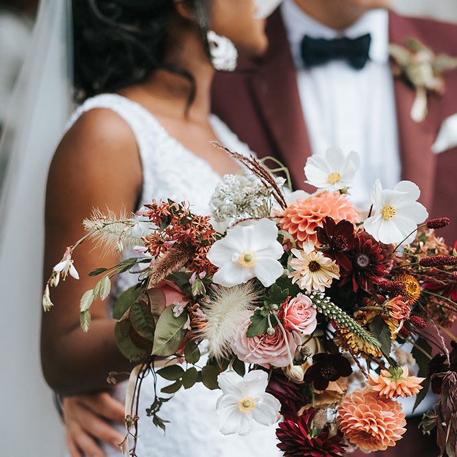 Stylish London Restaurant Wedding With Wild & Oversized Floral Arrangements By Aesme With Bride In Riki Dalal & Groom In Burgundy Suit By Paul Smith Planned & Styled By Knot & Pop With Images From Miss Gen