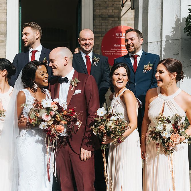 Stylish London Restaurant Wedding With Wild & Oversized Floral Arrangements By Aesme With Bride In Riki Dalal & Groom In Burgundy Suit By Paul Smith Planned & Styled By Knot & Pop With Images From Miss Gen