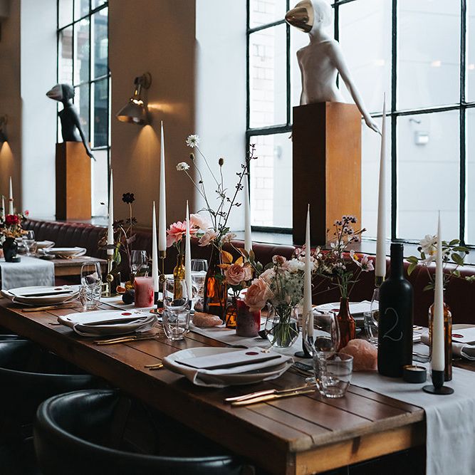 Stylish London Restaurant Wedding With Wild & Oversized Floral Arrangements By Aesme With Bride In Riki Dalal & Groom In Burgundy Suit By Paul Smith Planned & Styled By Knot & Pop With Images From Miss Gen