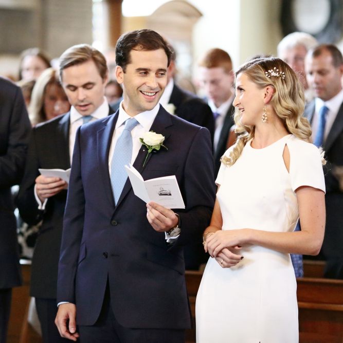 Wedding Ceremony with Bride in Contemporary J Mendel Wedding Dress | Dasha Caffrey Photography