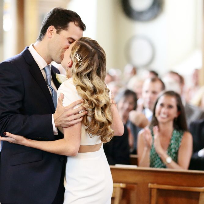 Wedding Ceremony with Bride in Contemporary J Mendel Wedding Dress | Dasha Caffrey Photography
