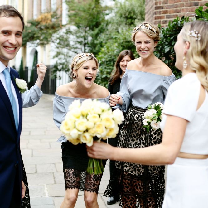 Bride in Contemporary J Mendel Wedding Dress | Bridesmaids in Separates| Dasha Caffrey Photography