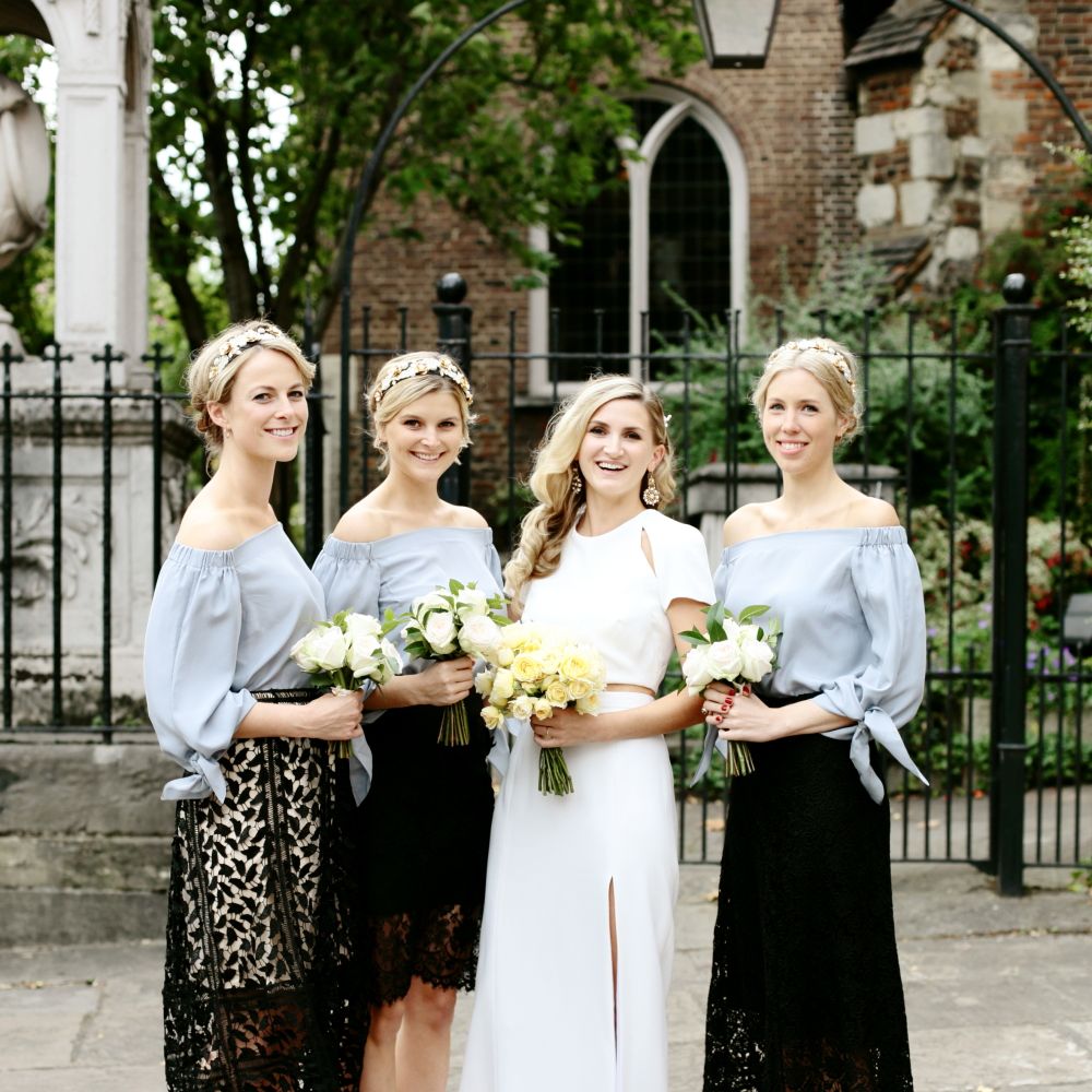 Bride in Contemporary J Mendel Wedding Dress | Bridesmaids in Separates| Dasha Caffrey Photography