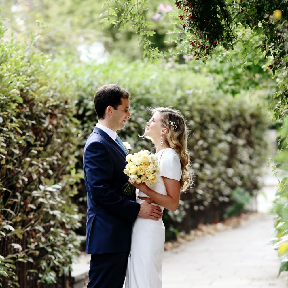 Bride in Contemporary J Mendel Wedding Dress | Groom in Gieves & Hawkes Suit | Dasha Caffrey Photography