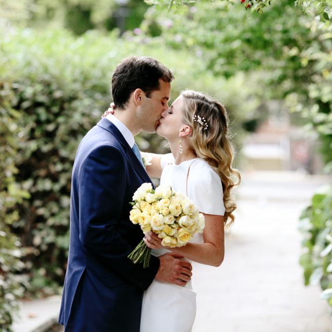 Bride in Contemporary J Mendel Wedding Dress | Groom in Gieves & Hawkes Suit | Dasha Caffrey Photography