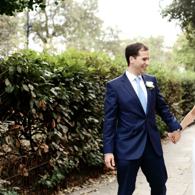 Bride in Contemporary J Mendel Wedding Dress | Groom in Gieves & Hawkes Suit | Dasha Caffrey Photography