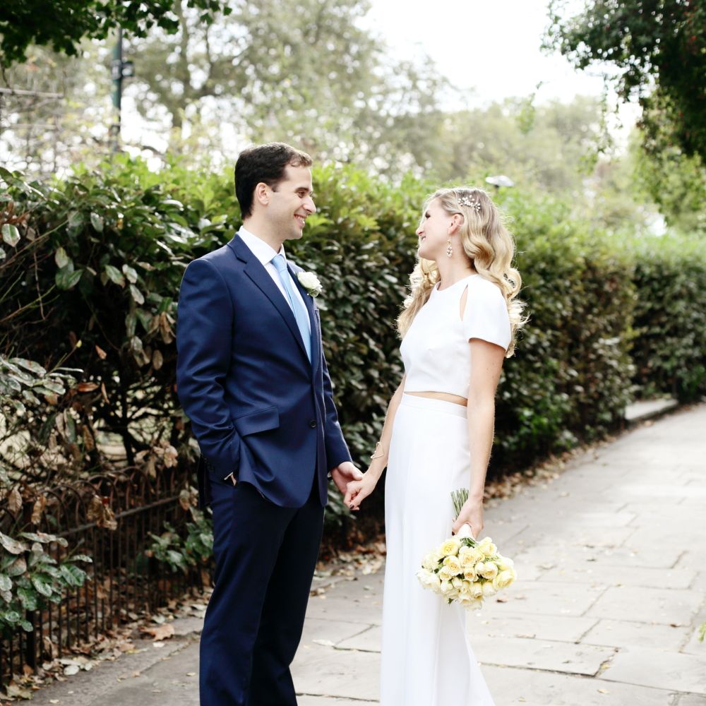 Bride in Contemporary J Mendel Wedding Dress | Groom in Gieves & Hawkes Suit | Dasha Caffrey Photography
