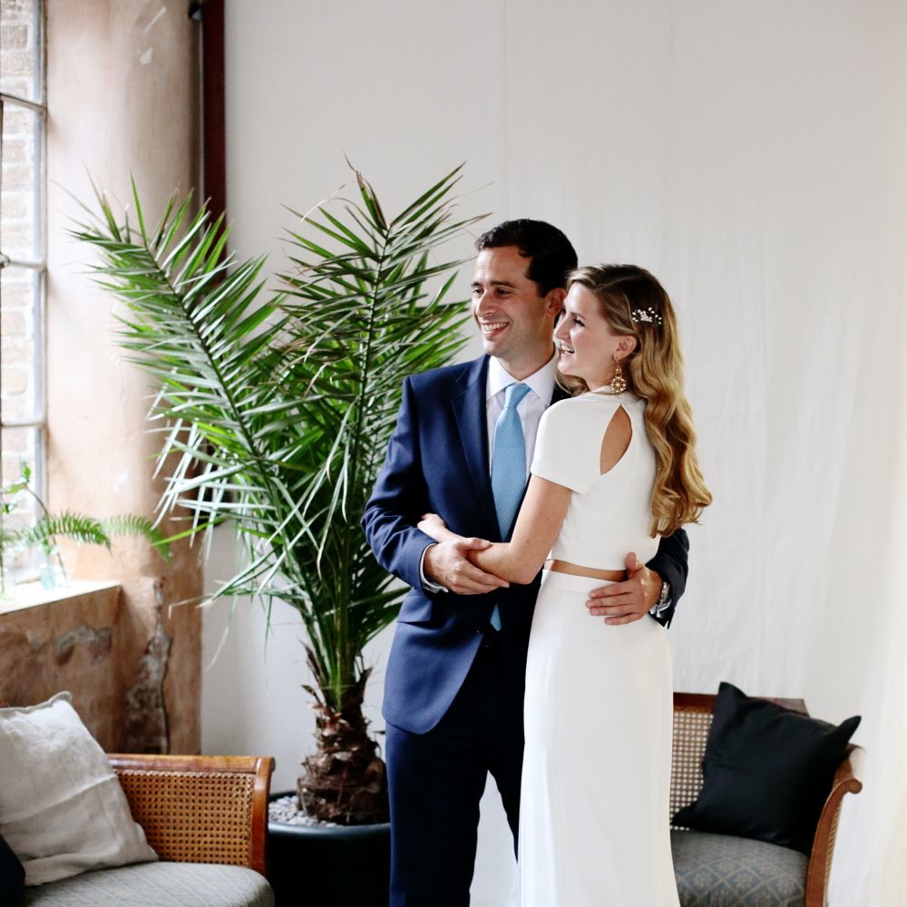Bride in Contemporary J Mendel Wedding Dress | Groom in Gieves & Hawkes Suit | Dasha Caffrey Photography
