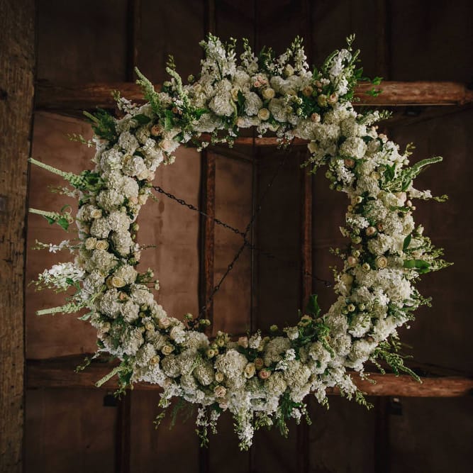 Cripps Barn Ceremony Room | Hanging Floral Arrangement | Andy Gaines Photography | Thompson Granger Films