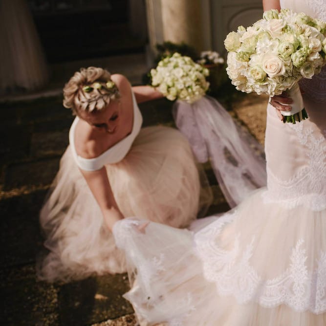 Bride in Christos Costarellos Fishtail Gown | Bridesmaids in Blush Tulle Skirt & White Top Separates | Andy Gaines Photography | Thompson Granger Films