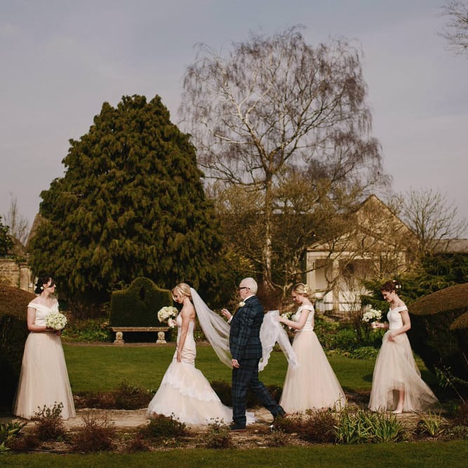 Bride in Christos Costarellos Fishtail Gown | Bridesmaids in Blush Tulle Skirt & White Top Separates | Andy Gaines Photography | Thompson Granger Films