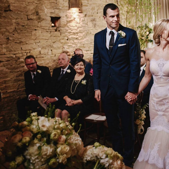 Cripps Barn Wedding Ceremony | Bride in Christos Costarellos Fishtail Gown | Andy Gaines Photography | Thompson Granger Films