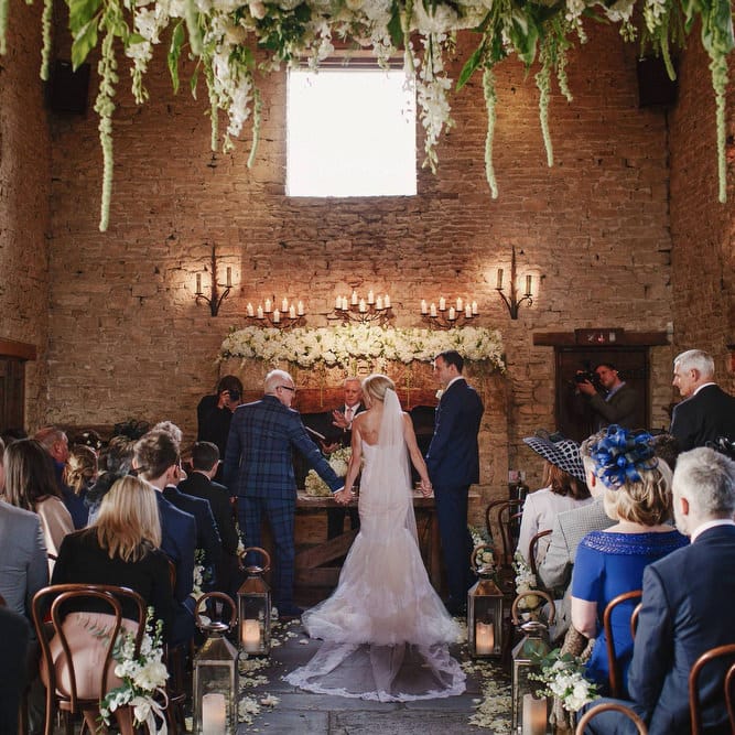 Cripps Barn Wedding Ceremony | Bride in Christos Costarellos Fishtail Gown | Andy Gaines Photography | Thompson Granger Films