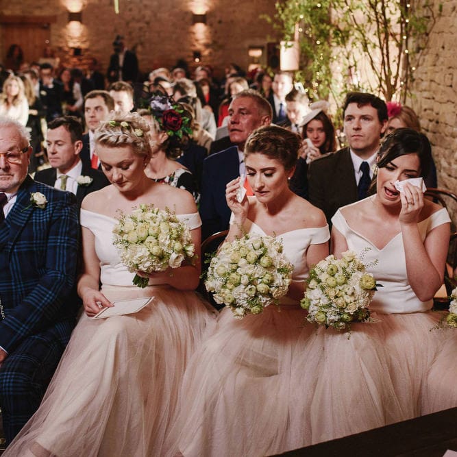 Cripps Barn Wedding Ceremony | Bridesmaids in Blush Pink Tulle Skirts & White Top Separates | Andy Gaines Photography | Thompson Granger Films