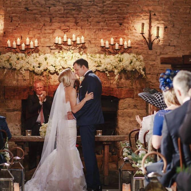 Cripps Barn Wedding Ceremony | Bride in Christos Costarellos Fishtail Gown | Andy Gaines Photography | Thompson Granger Films