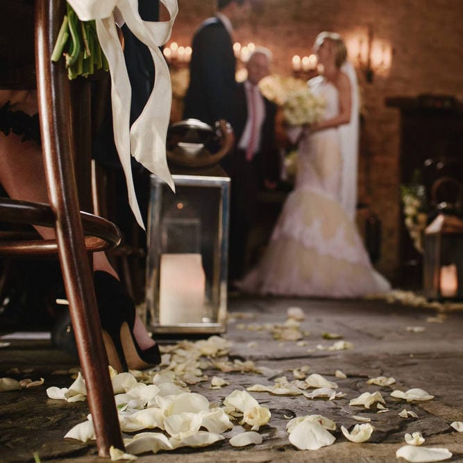 Cripps Barn Wedding Ceremony | Bride in Christos Costarellos Fishtail Gown | Andy Gaines Photography | Thompson Granger Films