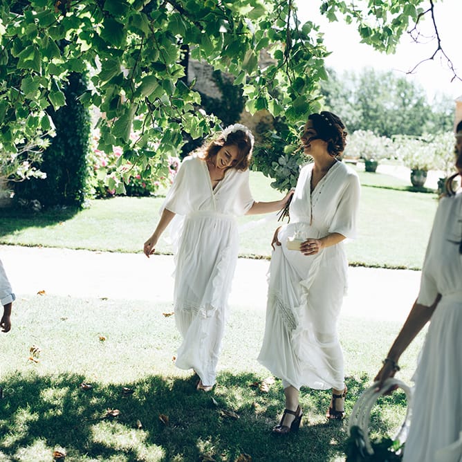 French Chateau Wedding At Château de la Bourlie With Bride In Vintage Gown & Bridesmaids In White Dresses By Silken Studio With Images From Lelia Scarfiotti
