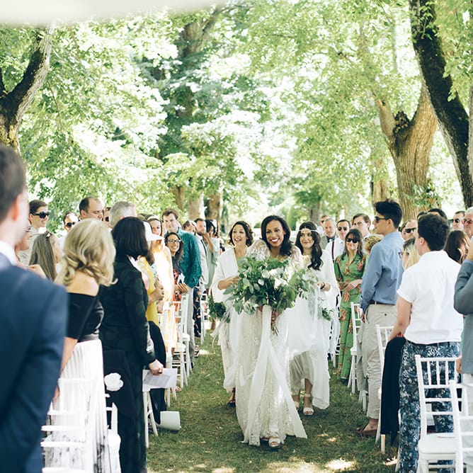 French Chateau Wedding At Château de la Bourlie With Bride In Vintage Gown & Bridesmaids In White Dresses By Silken Studio With Images From Lelia Scarfiotti