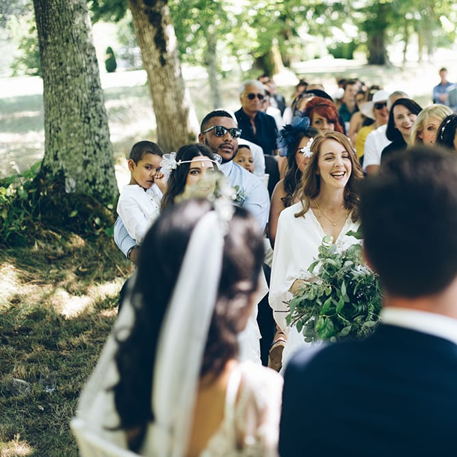 French Chateau Wedding At Château de la Bourlie With Bride In Vintage Gown & Bridesmaids In White Dresses By Silken Studio With Images From Lelia Scarfiotti