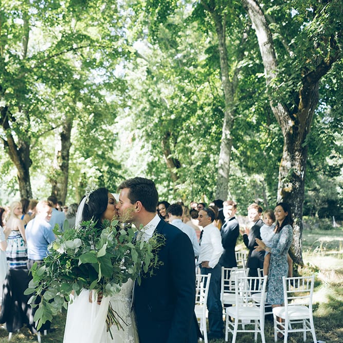 French Chateau Wedding At Château de la Bourlie With Bride In Vintage Gown & Bridesmaids In White Dresses By Silken Studio With Images From Lelia Scarfiotti