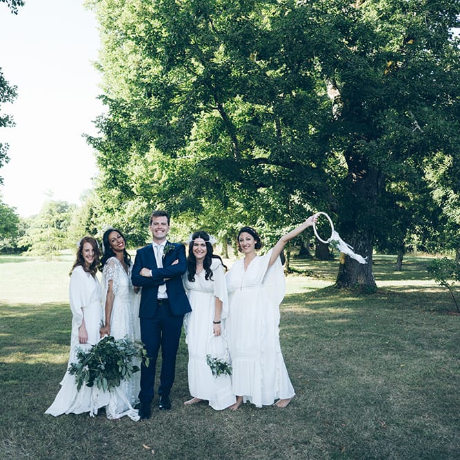 French Chateau Wedding At Château de la Bourlie With Bride In Vintage Gown & Bridesmaids In White Dresses By Silken Studio With Images From Lelia Scarfiotti