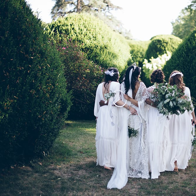 French Chateau Wedding At Château de la Bourlie With Bride In Vintage Gown & Bridesmaids In White Dresses By Silken Studio With Images From Lelia Scarfiotti