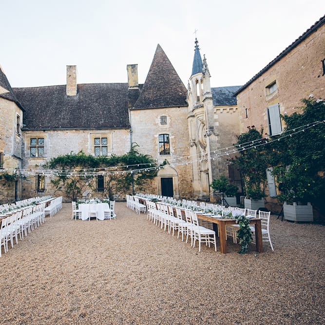 French Chateau Wedding At Château de la Bourlie With Bride In Vintage Gown & Bridesmaids In White Dresses By Silken Studio With Images From Lelia Scarfiotti